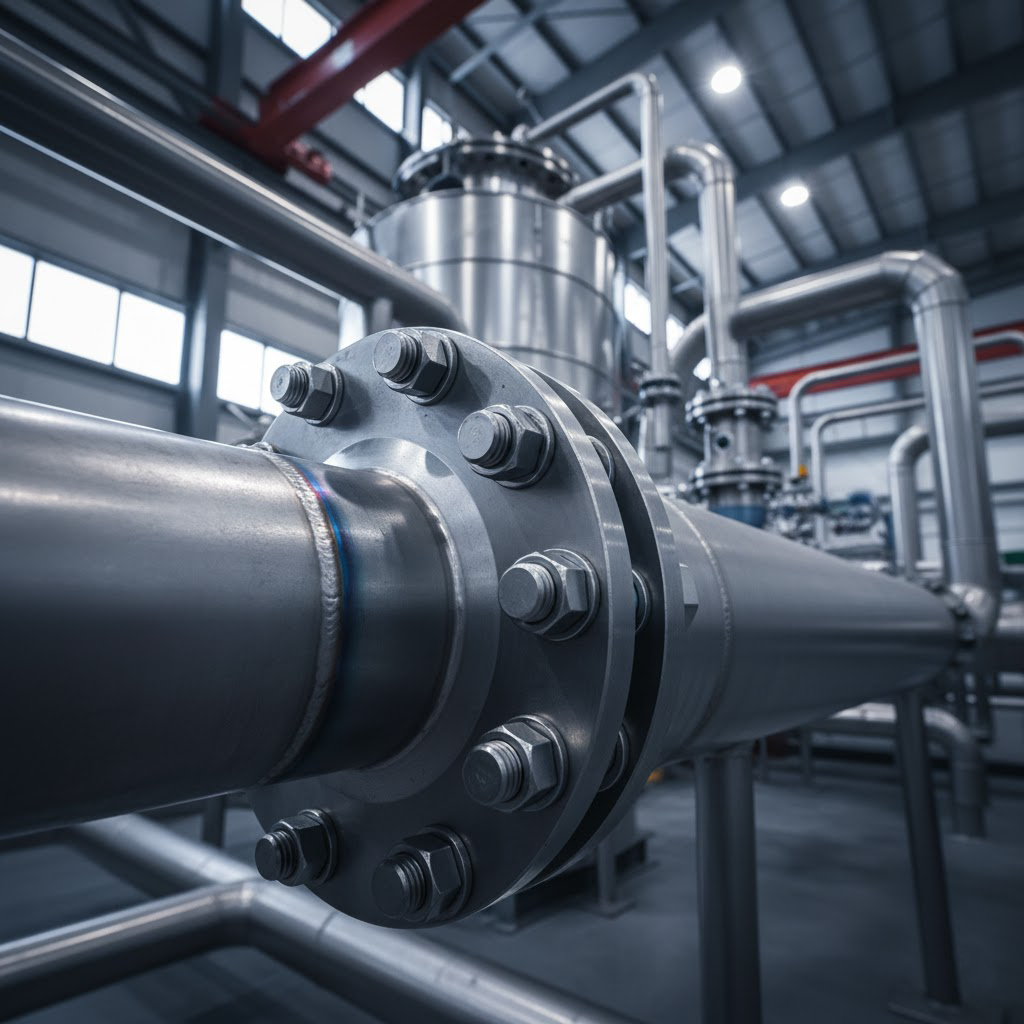 Hệ thống đường ống hóa chất được cố định bằng Bulong Titan Gr2 / TA2, minh họa khả năng chống ăn mòn tuyệt vời.