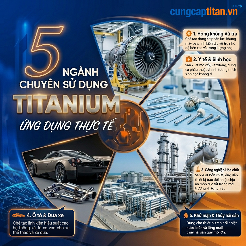 Titanium là gì? Tìm hiểu đặc tính, ưu điểm và ứng dụng trong công nghiệp, y tế, hàng không và xử lý nước. Vật liệu bền, nhẹ, chống ăn mòn hiệu quả.