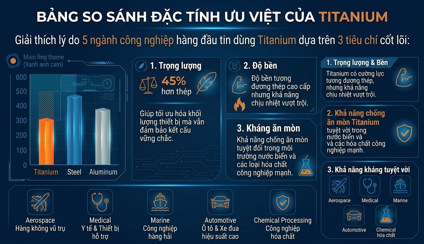 Bảng so sánh đặc tính ưu việt của titanium